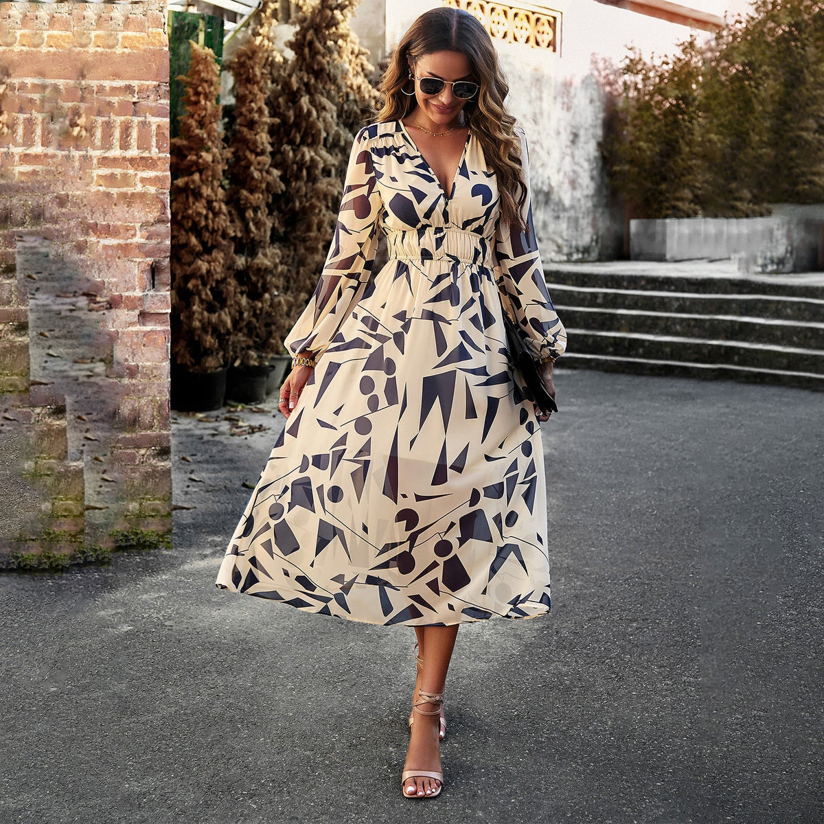 Schöne Damenkleider, A-Linie, blumig, Chiffon, Midi, Kleid-3