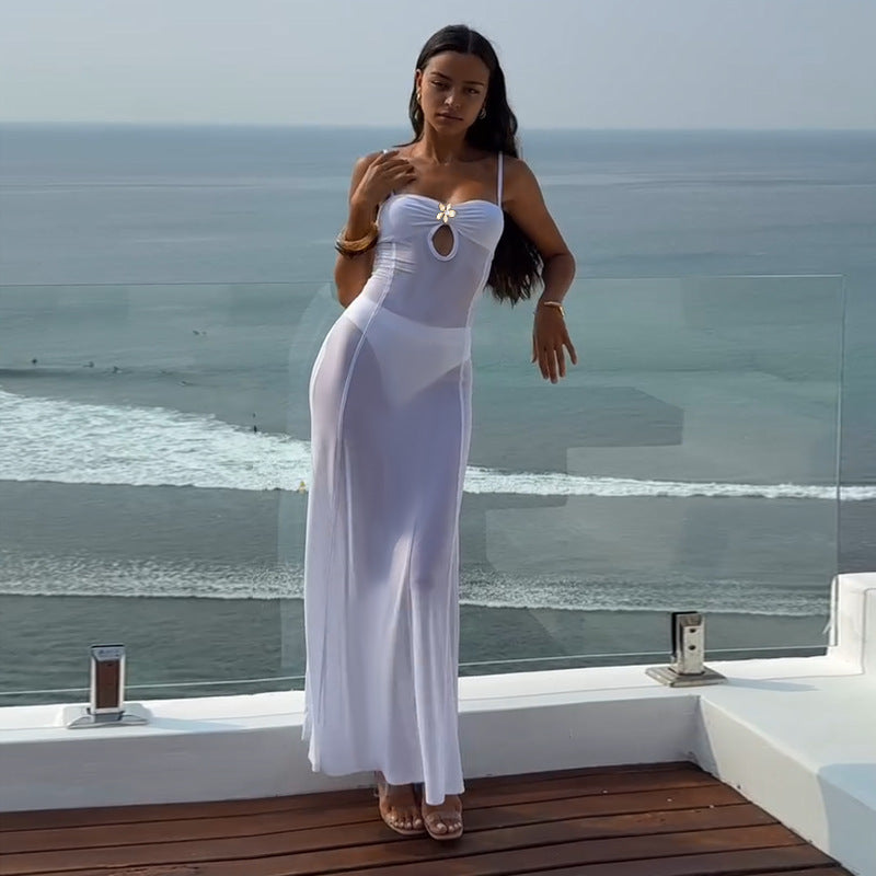 Maxikleid Damen Keyhole-Ausschnitt Spaghettiträger Leichter Stoff 1