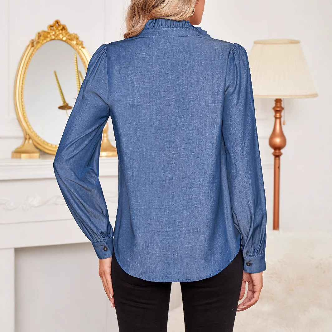 Damenbluse mit Rüschen Details und Knopfverschluss, lange Puffärmel, atmungsaktives Material 4