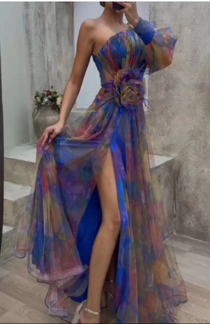 Variant image for Maxikleid Damen Asymmetrisch Blumig Polyester Lange Ärmel-1