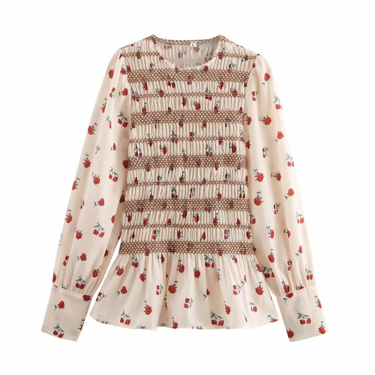 Damen Bluse Geblümtes Design Geraffte Details Leichter Stoff-1