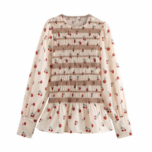 Damen Bluse Geblümtes Design Geraffte Details Leichter Stoff-1