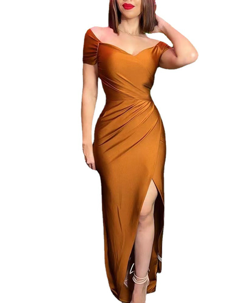 Damen-langes Kleid, elegant, hohe Taille, Polyester, V-Ausschnitt-5