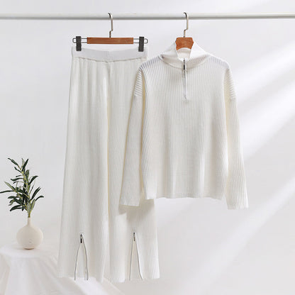 Damen-Set: locker gestrickter Pullover, geteilte Hose, Spandex-1