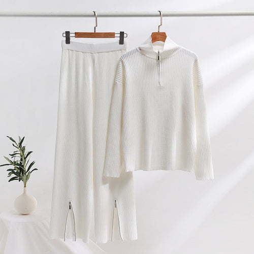 Damen-Set: locker gestrickter Pullover, geteilte Hose, Spandex-1