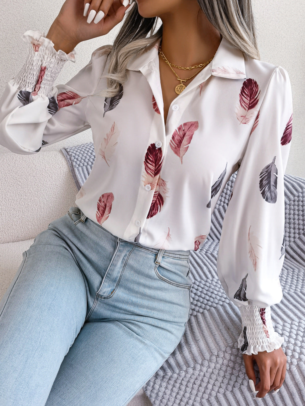 Damen Hemd mit Laternenärmeln und Reverskragen aus Polyester-1