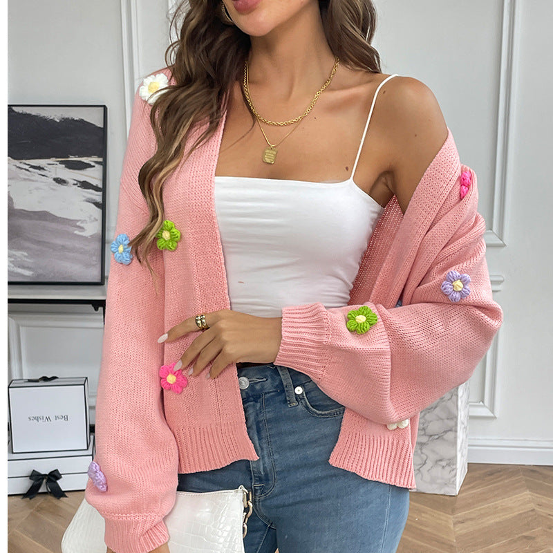 Lange Strickjacke Damen Handgehäkelt Geblümt Acryl Legere Passform-2