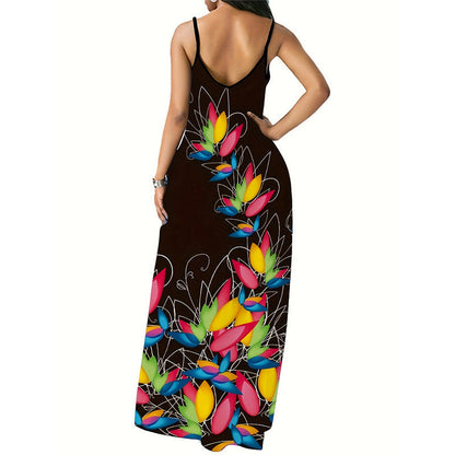 Langes geblümtes Damenkleid mit Spaghettiträgern aus 100 % Polyester 3