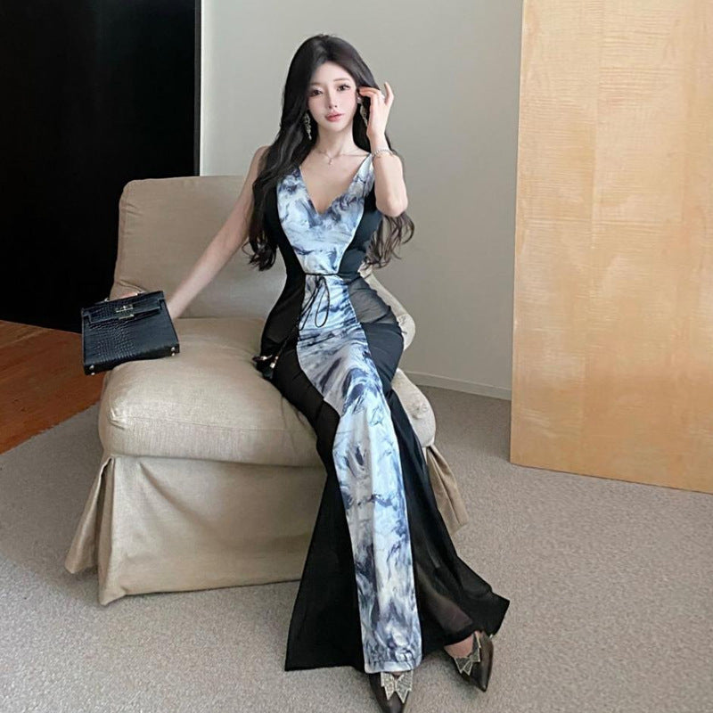 Damen-Kleid, transparent, ausgestellter Rock, V-Ausschnitt 5