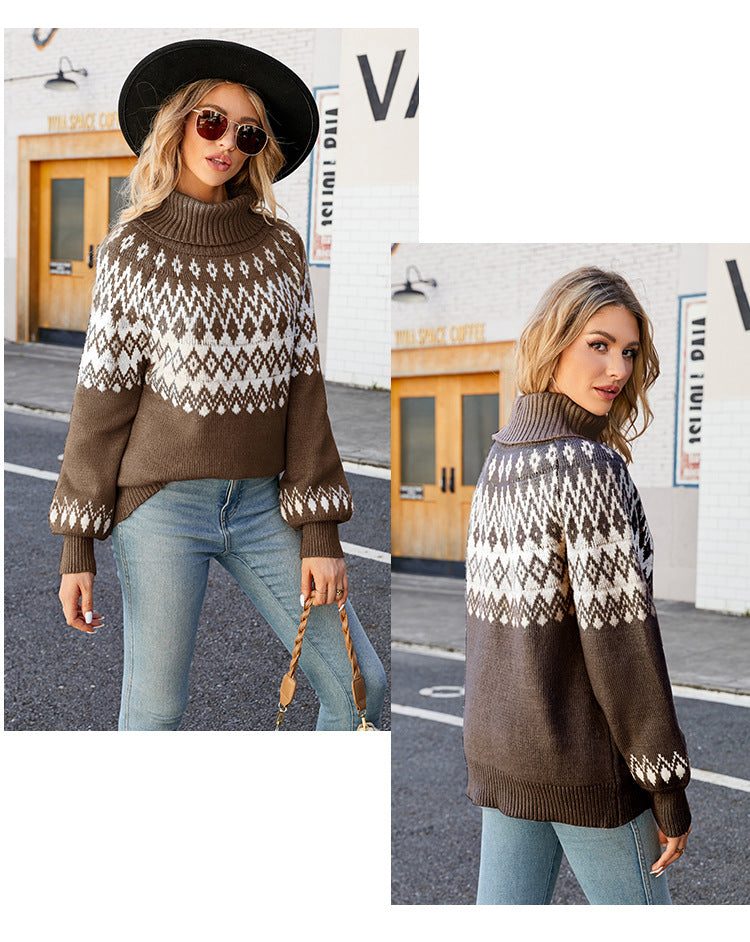Damen-Pullover, geometrisches Design, Rollkragen, Polyester-6