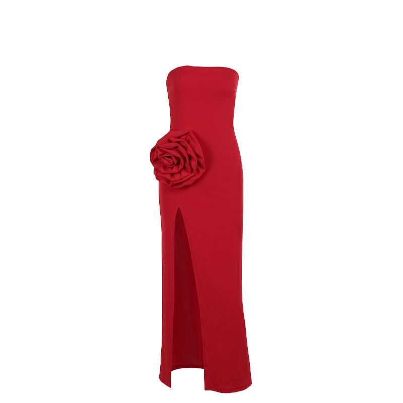 Damen-Maxikleid, trägerloses geblümtes Detail, elastischer Stoff 6