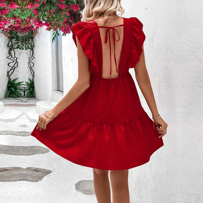 Damenkleid, ärmellos, mit V-Ausschnitt, Patchwork, kurz, aus Polyester-2
