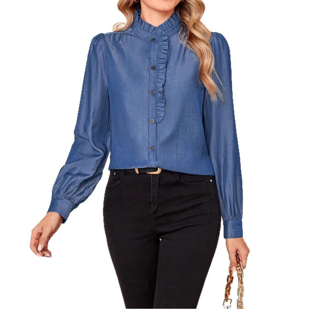 Damenbluse mit Rüschen Details und Knopfverschluss, lange Puffärmel, atmungsaktives Material 6