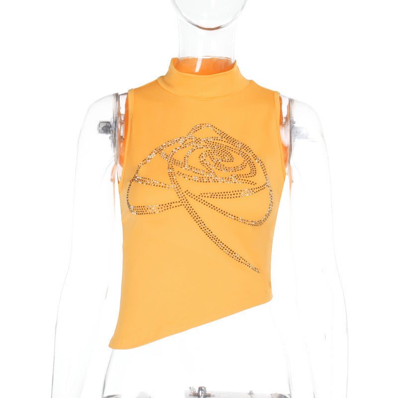 Damen-sportliches Top, asymmetrisch, weicher Stoff mit glitzerndem Rosen-Design 1