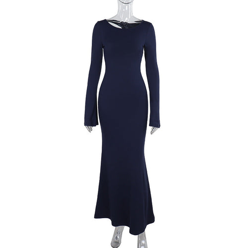 Damen-Maxikleid, U-Ausschnitt, lange Ärmel, elastischer Stoff 1