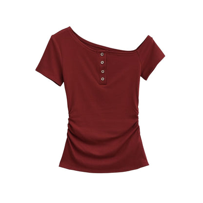 Damen-Top, asymmetrischer Ausschnitt, weicher Stoff, mit Dekorativ, Knöpfe 7