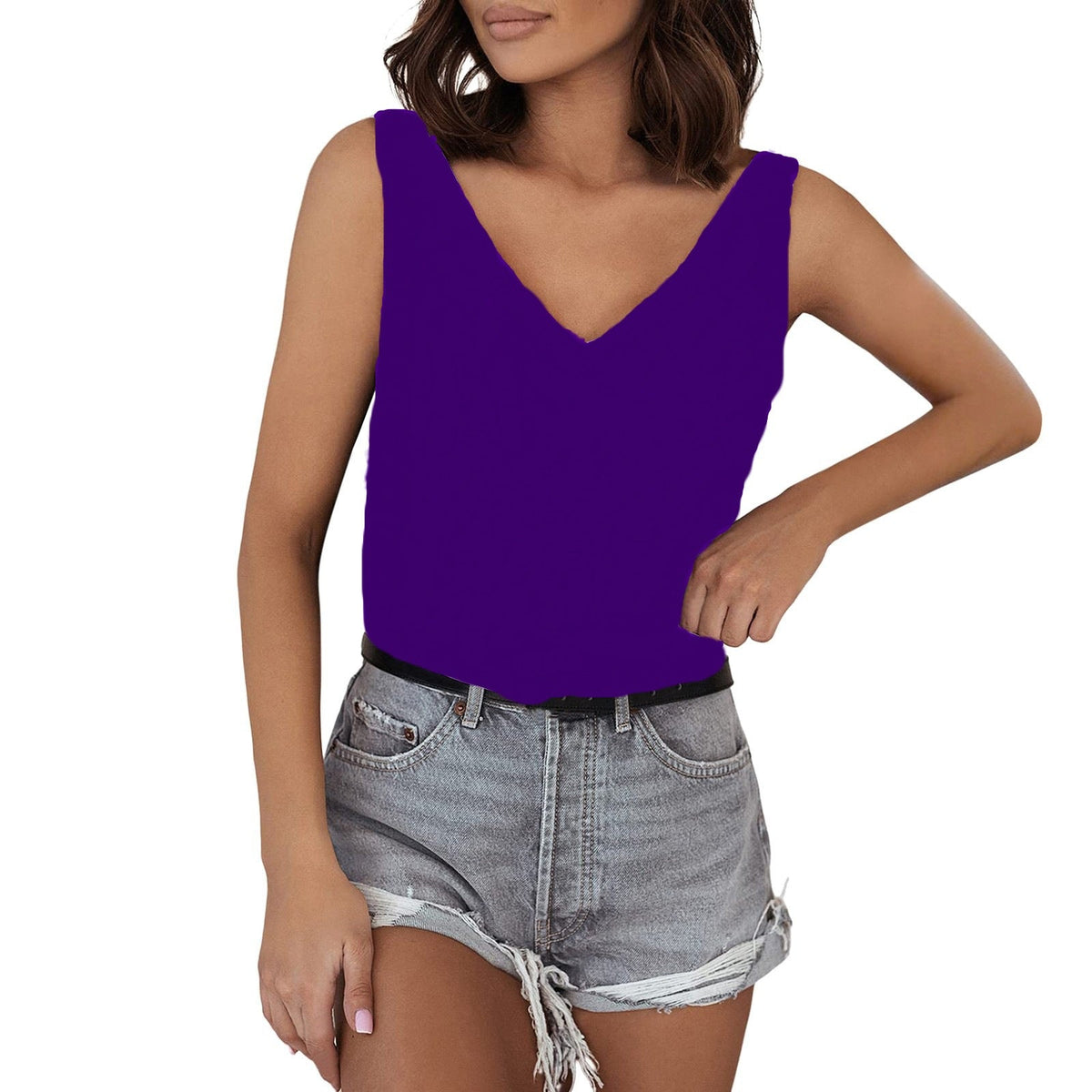 Variant image for Damen V-Ausschnitt Top Ärmellos Polyester Casual-31