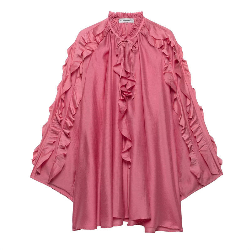 Damen-A-Linien-Kleid, gerafftes Polyester, lange Ärmel-1