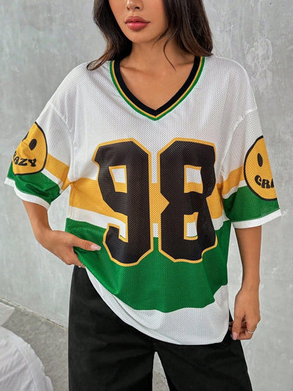 Variantbild für Damen-T-Shirt mit V-Ausschnitt, kurzen Ärmeln, im Farbblock-Stil, aus Polyester-19