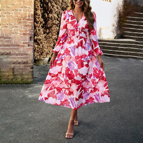 Schöne Damenkleider, A-Linie, blumig, Chiffon, Midi, Kleid-1
