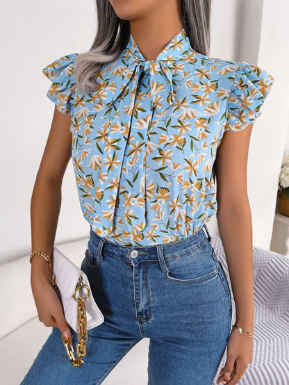 Damen Chiffon-Bluse Blumig V-Ausschnitt Ärmellos Polyester-6
