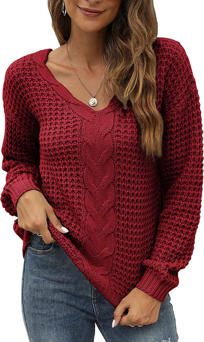 Damen-Langarmpullover, V-Ausschnitt, Acryl, Lochblumenmuster-4