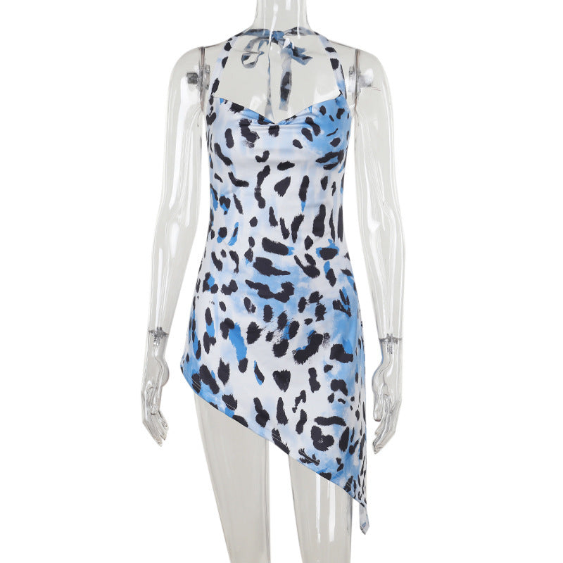 Damen-asymmetrisches-Minikleid, weiches Gewebe, Tiermuster 1