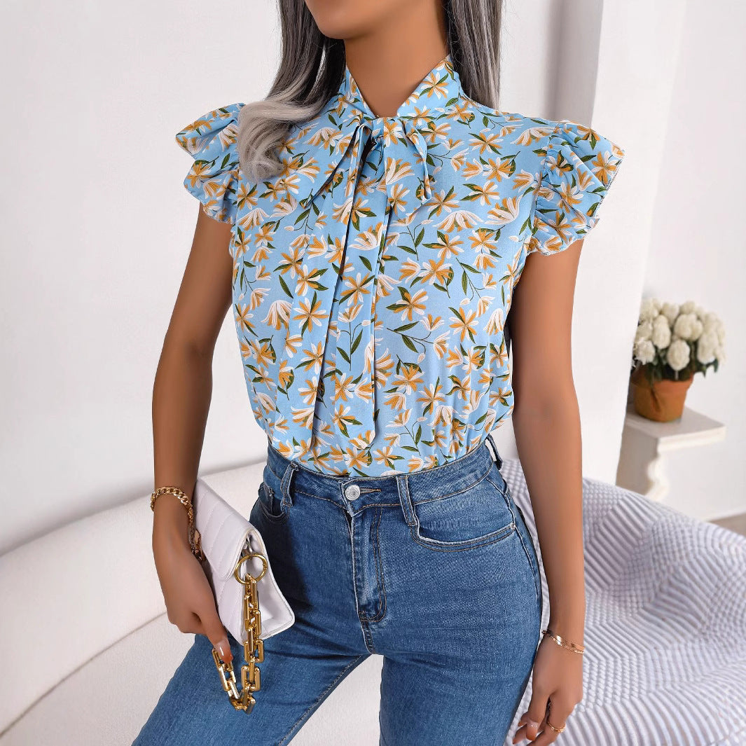 Damen Chiffon-Bluse Blumig V-Ausschnitt Ärmellos Polyester-4