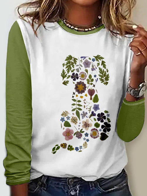 Damen-Langarm-T-Shirt mit Blumenprint aus Polyester mit Rundhalsausschnitt-1