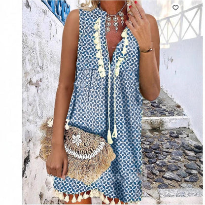 A-Linien-Kleid für Damen mit V-Ausschnitt und Fransenärmeln – Polyester, ärmellos, midilang, perfekt für Sommerfeste 2