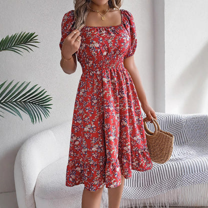 Damen-Midikleid, Blumenmuster, Polyester, eckiger Ausschnitt-4