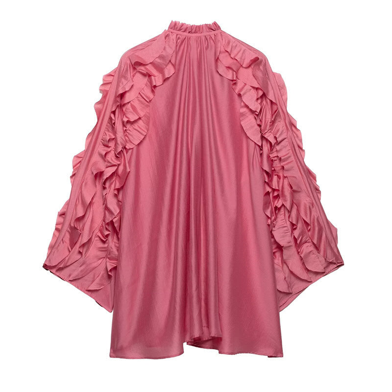 Damen-A-Linien-Kleid, gerafftes Polyester, lange Ärmel-3