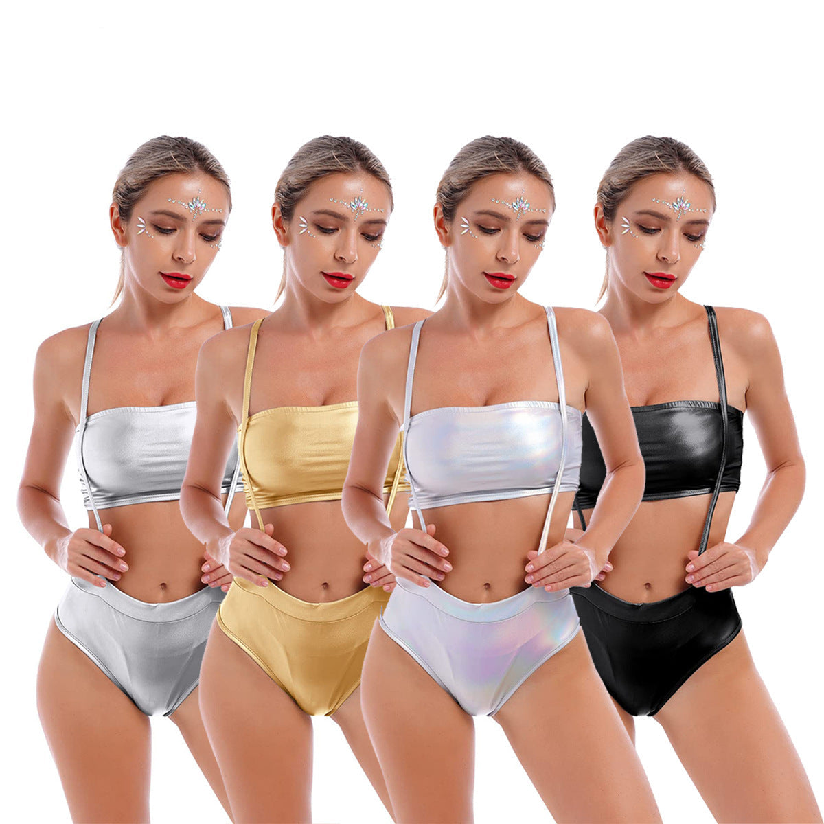 Damen Bikini-Set Hochgeschnitten Verstellbare Riemen Elastischer Stoff 2