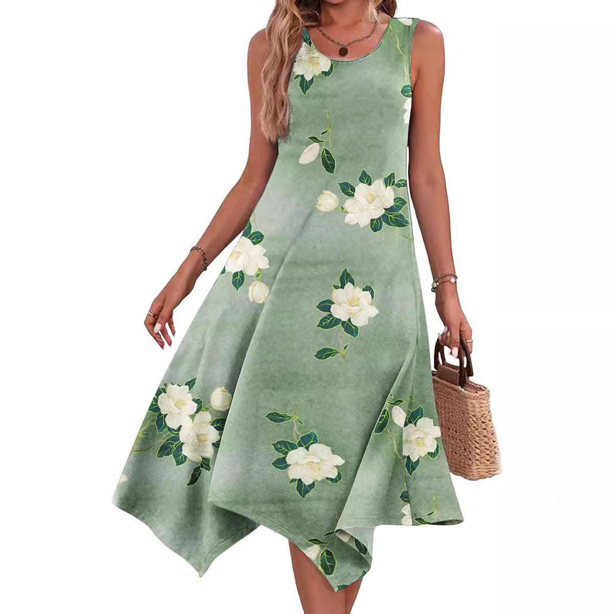 Damen-Kleid, unregelmäßig, Midi, mit Blumenmuster, Polyester-3