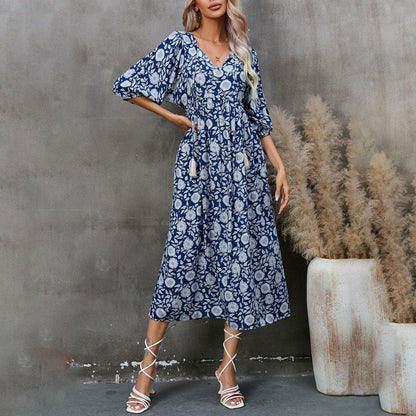 Damen-langes Kleid, Boho, A-Linien, Polyester-4