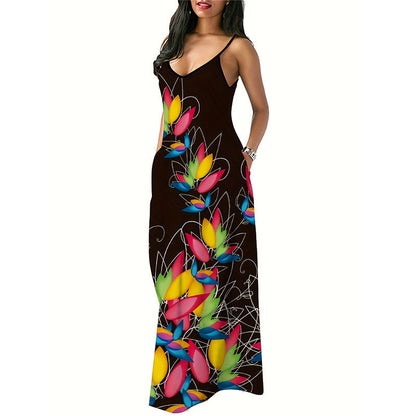 Langes Damenkleid mit Blumenmuster und Spaghettiträgern aus 100% Polyester 4