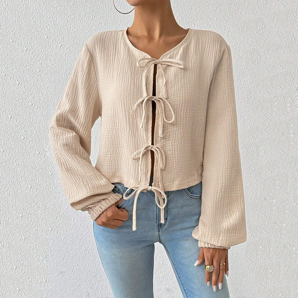 Damen-cropped-Bluse, mit dekorativen Schnürungen, Polyester 2