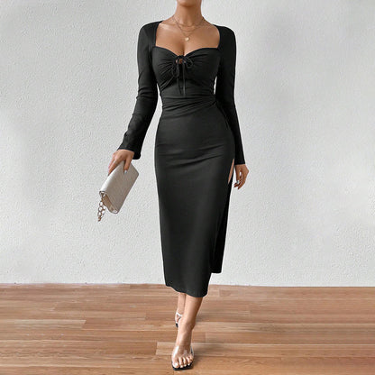 Damen-Wickelkleid, tiefer Ausschnitt, elastischer Stoff, lange Ärmel 4