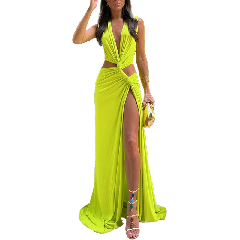 Schöne Damenkleider, asymmetrisch, V-Ausschnitt, Polyester, langer Rock-6