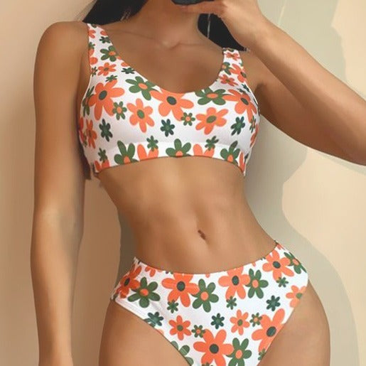 Damen-Bikini-Set, Blumenmuster, hoch geschnitten elastischer Stoff-3