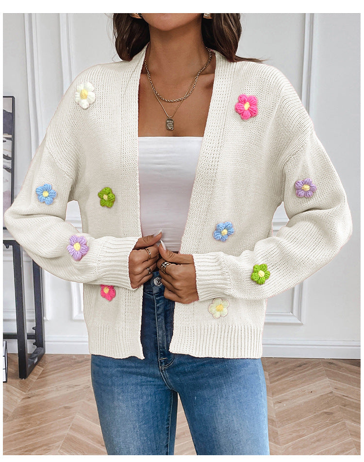 Lange Strickjacke Damen Handgehäkelt Geblümt Acryl Legere Passform-1