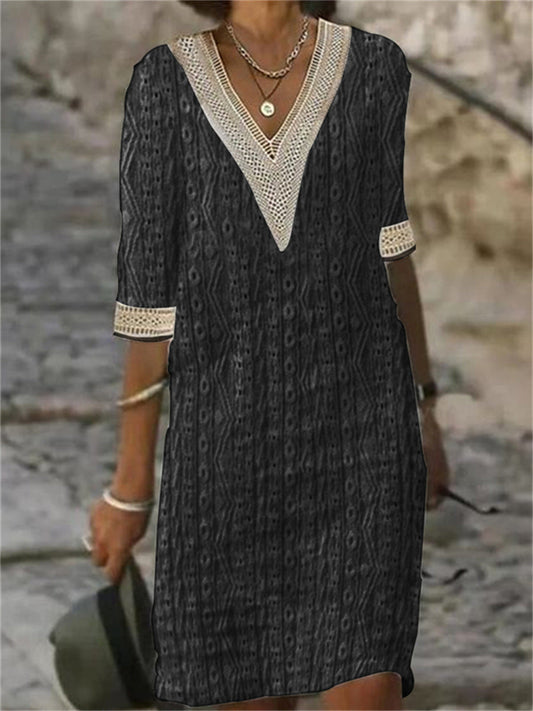 Damenkleid A-Linienförmig V-Ausschnitt Jacquard mit Halben Ärmeln-1