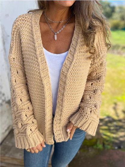 Lange Strickjacke Damen Dick Gestrickt Monochrom mit Hohle Ärmel-2