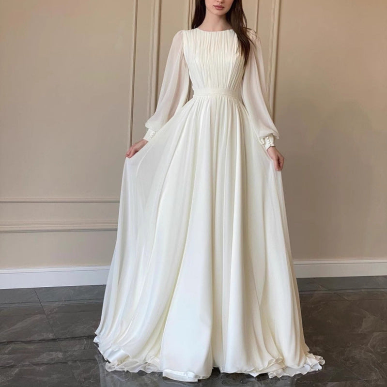Damen-Hochzeitskleid, lange Ärmel, runder Ausschnitt, Polyester-2