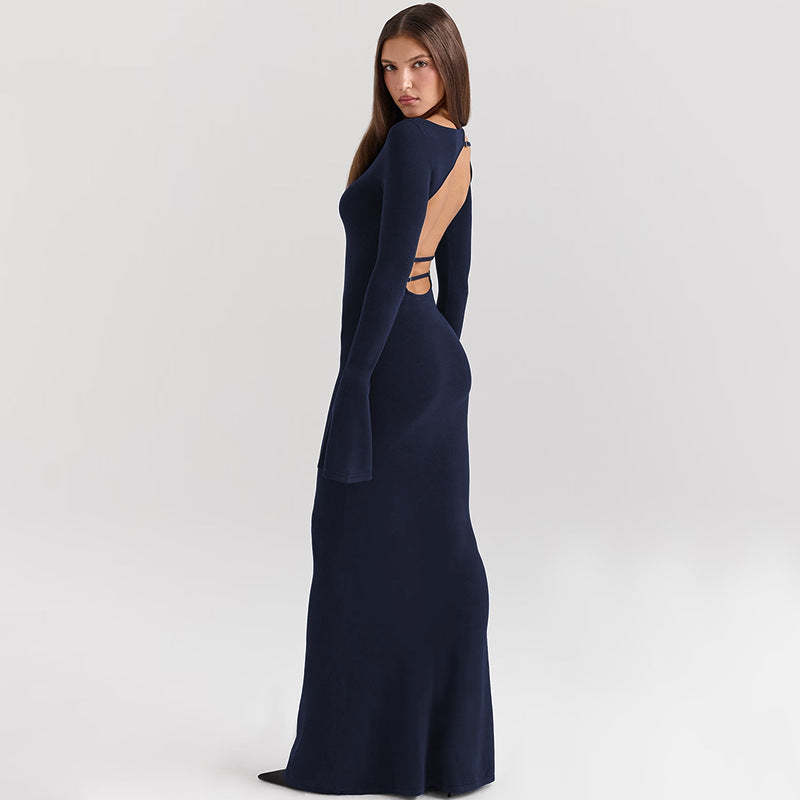 Damen-Maxikleid, U-Ausschnitt, lange Ärmel, elastischer Stoff 4