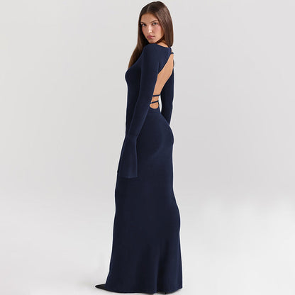 Damen-Maxikleid, U-Ausschnitt, lange Ärmel, elastischer Stoff 4
