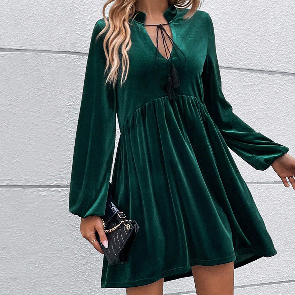 Damen-Kleid A-Linie Samt Langarm Minirock-2
