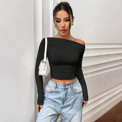 Damen-Ernte-Top, asymmetrisches Design, weicher Stoff mit Rüschendetails 1