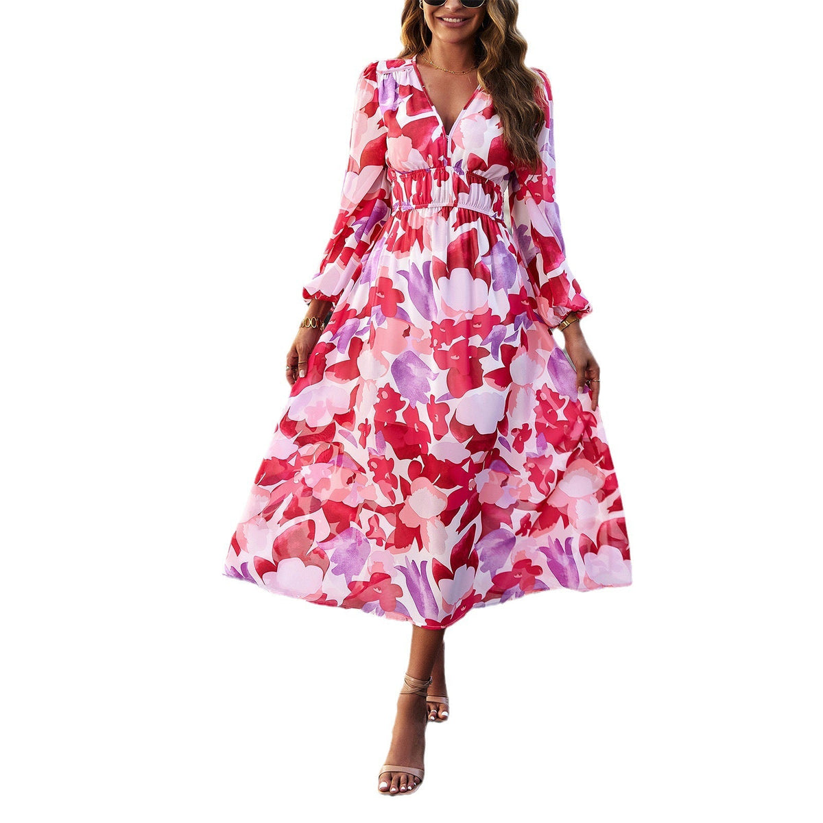 Schöne Damenkleider, A-Linie, blumig, Chiffon, Midi, Kleid-5