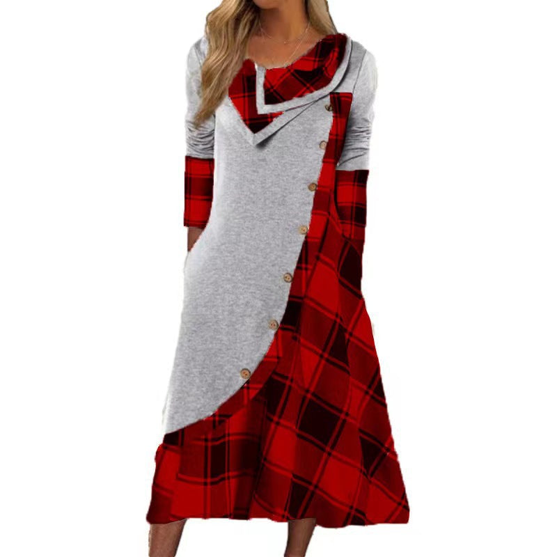 Damen-A-Linien-Kleid, kariert, Polyester mit langen Ärmeln-5